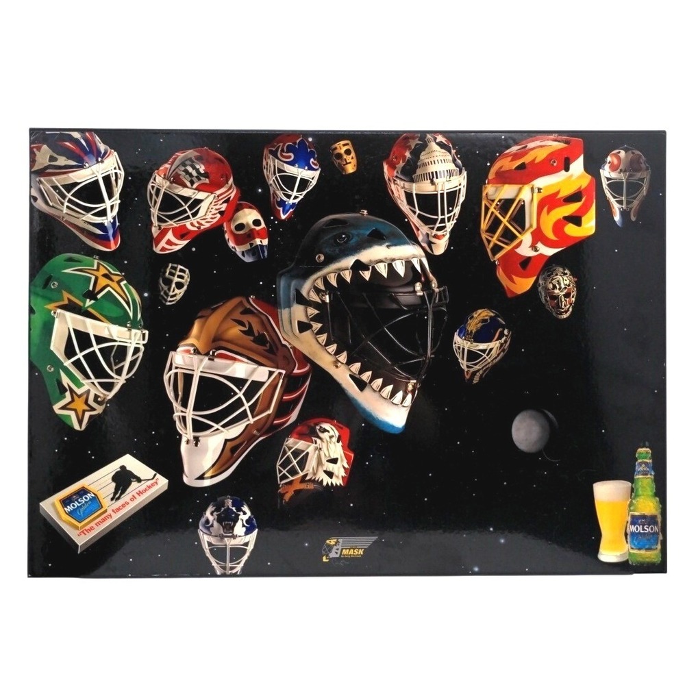 VTG Molson Golden The Many Faces Hockey Goalie Mask Wall Art Poster Sign 27x19‎